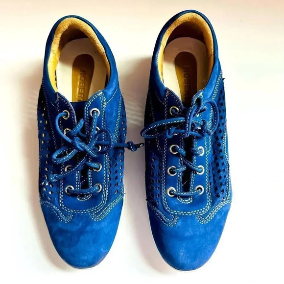 Robert Zur Blue Perforated Leather Suede Oxford Lace Up Sneakers - Picture 1 of 7